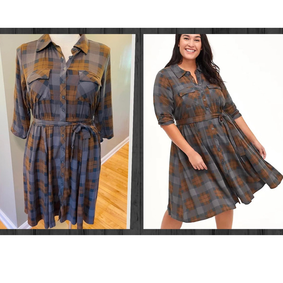 New Torrid 3 (3X 22/24) Outlander Tartan Plaid Button Up Tie Waist Shirt Dress - Picture 1 of 3